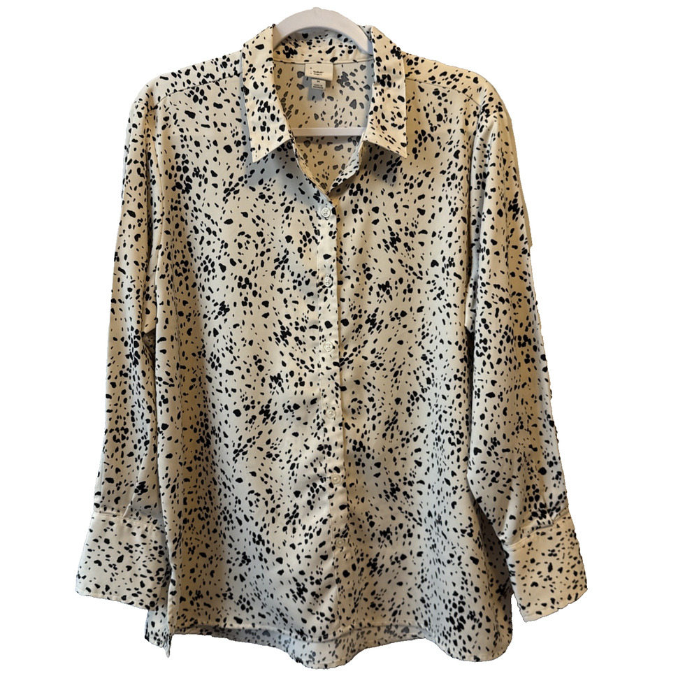 A New Day Women's‎ M Satin Cream Black Spotted Button Down Shirt Office Business